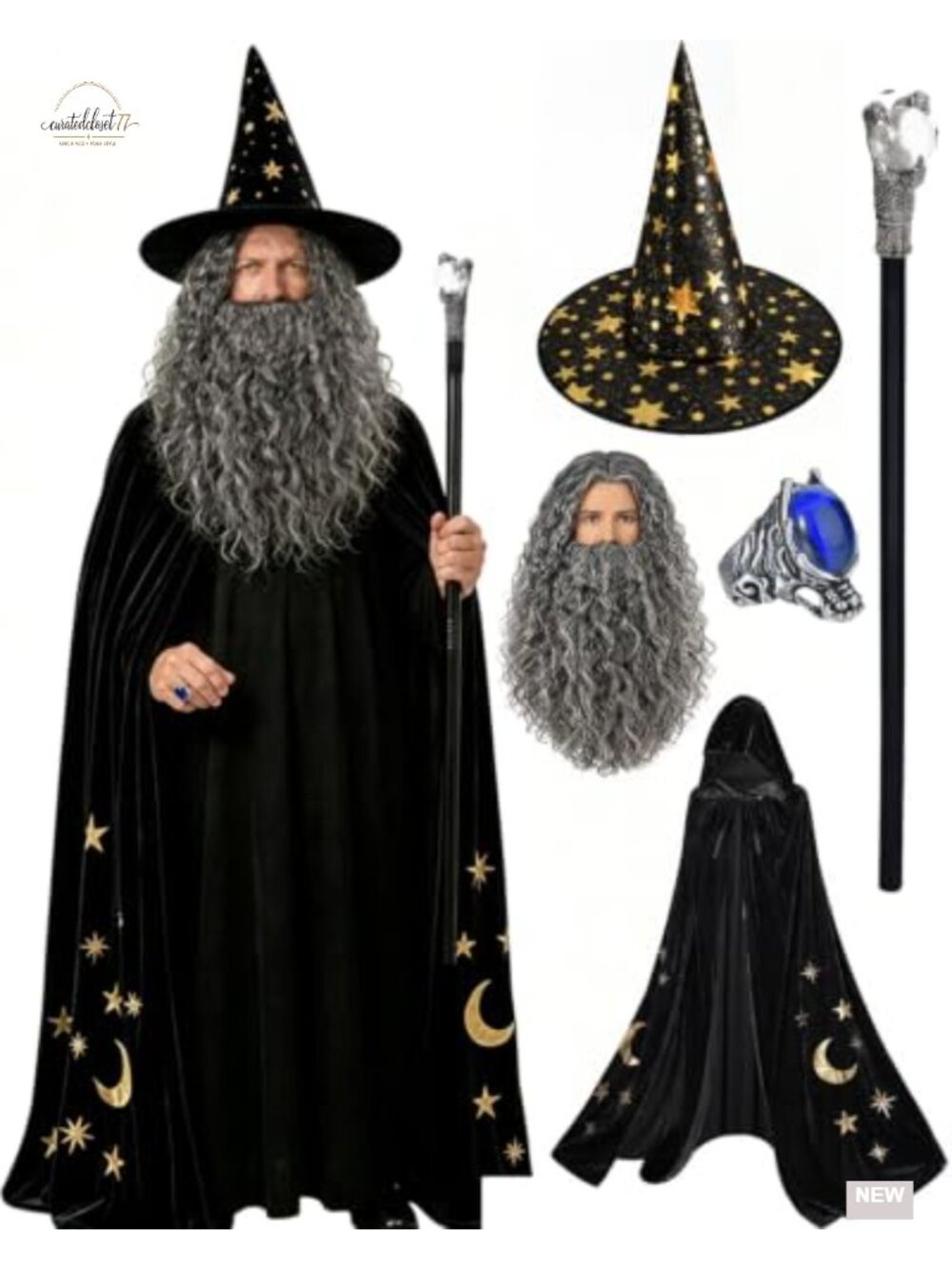 Wizard Costume Set Cape Hat Wig Beard Ring Wand One Size Fits All